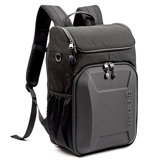 Evecase Shell DSLR Camera / 15.6-inch Laptop Water Resistant Backpack Travel Daypack w/ Rain Cover and Inner Bag for Nikon Canon Fujifilm Sony Digital SLR, Mirrorless Camera and More - Black