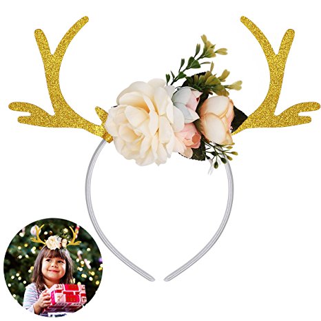Tinksky Funny Deer Antler Headband with Flowers Blossom Novelty Party Hair Band Head Band Christmas Fancy Dress Costumes Accessory Christmas Birthday Gift for kids girls (Khaki)