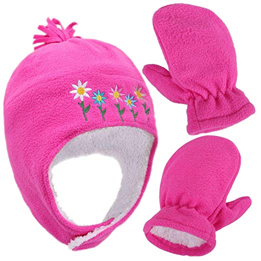 SimpliKids Kids and Toddlers' Sherpa Lined Embroidered Fleece Hat and Mitten Set