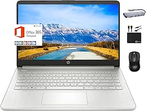 HP 2024 Premium 14" Micro-edge Portable Laptop Student Business, Intel Quad-Core N4120, 16GB RAM, 384GB (128GB eMMC  256GB Card), Webcam, WiFi, Windows 11S   1 Year Office 365, MarxsolAccessory Silver