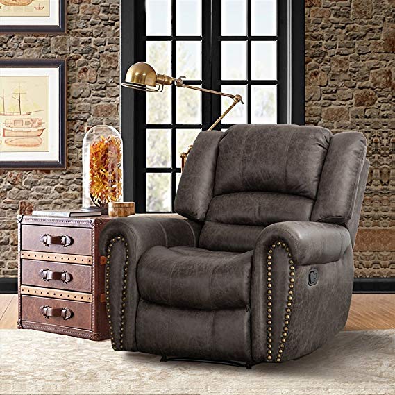 CANMOV Breathable Bonded Leather Recliner Chair, Classic and Traditional 1 Seat Sofa Manual Recliner Chair with Overstuffed Arms and Back, Smoke Gray