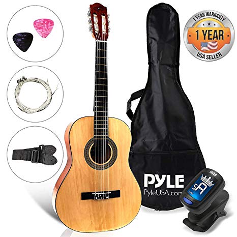 Beginner 30" Classical Acoustic Guitar - 6 String Junior Linden Wood Traditional Guitar w/ Wooden Fretboard, Case Bag, Strap, Tuner, Nylon Strings, Picks, Great for Beginner, Children - Pyle PGACLS30