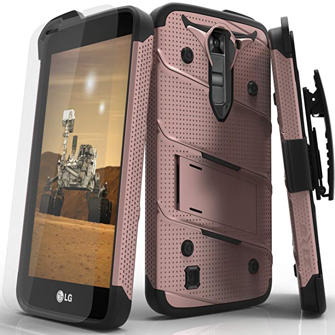 Zizo Bolt Series compatilbe with LG K7 Case Military Grade Drop Tested with Tempered Glass Screen Protector, Holster, Kickstand Rose Gold Black