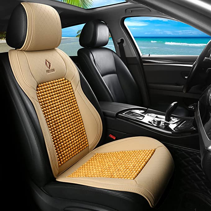 FREESOO 1PC Wood Beaded Car Seat Cover Leather Comfort Massage Cooler Pad Cushion Relieve Stress for All Sedan SUV Truck Van Chair Beige