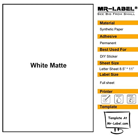 Mr-Label White Matte Waterproof Vinyl Sticker Paper - Full Letter Sheet Label - Inkjet/Laser Compatible - for Home Business (10 sheets/10 labels)
