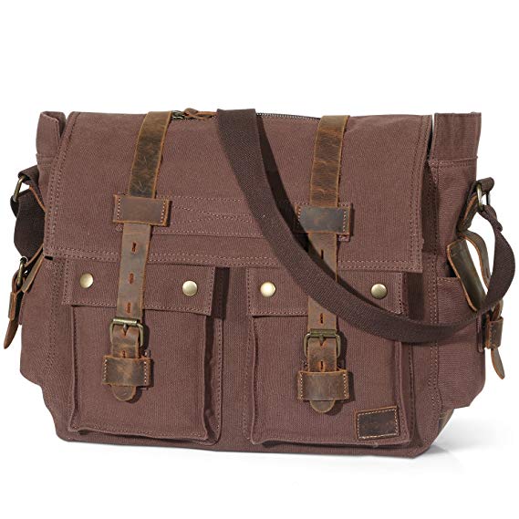 Lifewit 15.6''-17.3" Laptop Messenger Shoulder Bag Men’s Vintage Military Leather Canvas Briefcase Cross-body Bags (15.6'' Coffee)