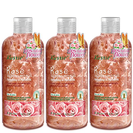 Rose Flower Petals Body Wash - Shower and Bath Gel - Handpicked Natural Flower Petals - Rose Essential Oil - Refreshing and Romantic - Paraben Free - For All Skin (3 x 380ml /12.8 Oz)