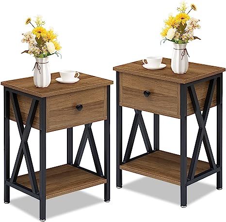 VECELO Vintage, End Side Table with Drawer and Shelf, Home Decoration for Living Room Bedroom, X-Shape Legs and Water-Proof Surface, Hemp Gray, Nightstand (Set of 2), Walnut Brown