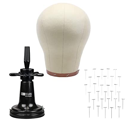 Milano Collection Wig Styling Essential Kit including a 22" Cork Canvas Block Wig Head and 30pc. T-Pins, Suction Cup Wig Stand