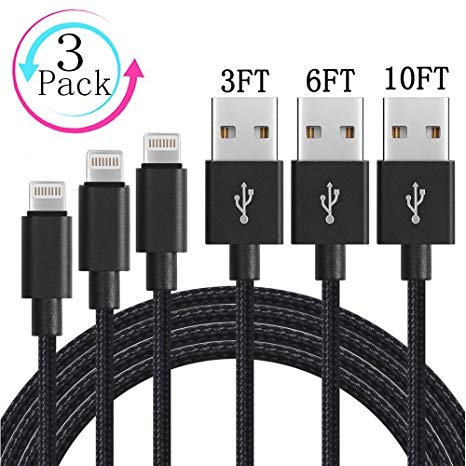 Live2Pedal iPhone Charger [3-Pack] Cable, for iPhone,3 ft,6 ft,and 10 ft Charger Cable Cords Nylon Braided for to USB iPhone Charger Cable iPhone X/8/7/7 Plus/6/6s/6 Plus/ 5/5s/5c, iPad, iPod.(Black)