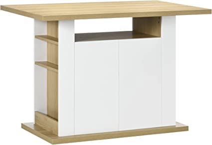 HOMCOM Table à Manger ilot Central Cuisine Meuble de Rangement Table avec Grand Plan de Travail 4-6 Personnes - Placard 4 Portes et étagères - en Bois - dim. 110L x 70l x 75,5H cm Blanc et Naturel