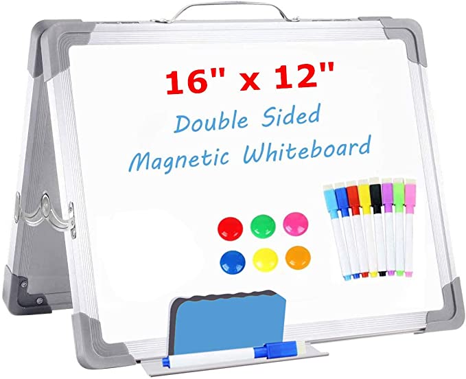 Small Dry Erase White Board, Chriffer 16" x 12" Foldable Magnetic Double Side Portable Whiteboard with 8 Pens, 6 Magnets, 1 Eraser for Kids Drawing, Teacher Instruction Memo Board