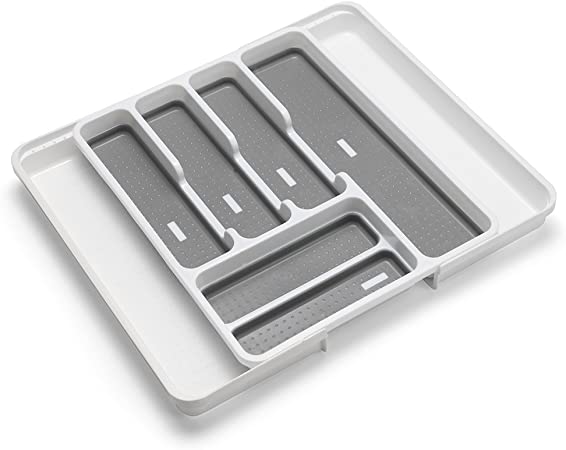 Addis Extendable Drawer Organiser Cutlery Utensil Tray Compartment Holders, Fits 35-58.5cm wide, White Grey, 6-8 sections