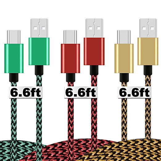 USB Type C Charger Cable for Samsung Galaxy S8/S8 , [3pack 6.6ft] USB-C to USB A Nylon Braided Cable with Reversible Connector for Macbook 12, Chromebook Pixel, LG G6/G5 and More- Gold & Red & Green