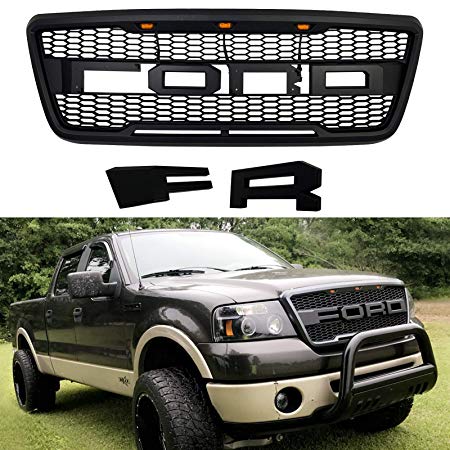 Front Grille Fits 2004-2008 FORD F150 Raptor Style Grill Kits With Amber LED Light and F&R Letter (Black)