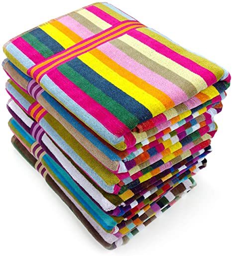 Kaufman - Assorted Colors Multi Stripes Velour Beach Towel, Oversized 32in x 62in, (6-Pack) - 100% Cotton, Plush and Absorbent Beach Towel.