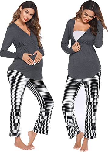 Ekouaer Maternity Nursing Pajama Set Long Sleeve V Neck Top & Striped Pants Breastfeeding Sleepwear Set (S-XXL)