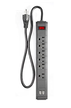 Power Strip With USB Ports 2 High Speed USB Ports For Home Or Office 2 Foot Cord AC 3-Prong Grounded Plug Travel Charger - Ideas In Life (6 Outlet, Black)