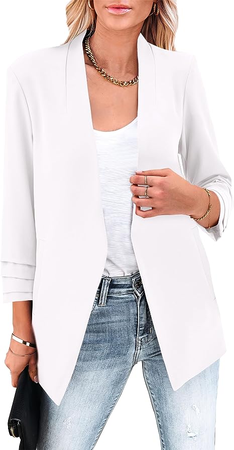 MASCOMODA Women's 2023 Fall Ruched 3/4 Sleeve Open Front Blazer Jacket Casual Business Work Office Blazers with Pockets