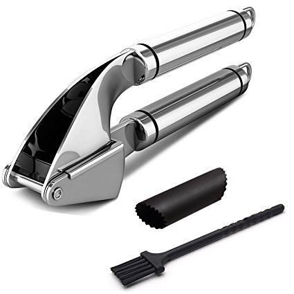 Premium Garlic Press Set by Sunkuka - Large Capacity Stainless Steel Mincer Crusher - Ergonomic Des in & Heavy Duty Construction - Silicone Tube Roller Included - Commercial Grade Kitchen Accessory