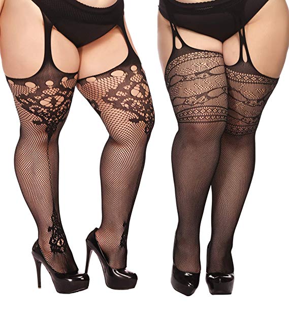 TGD Plus Size Stockings for Women Suspender Pantyhose Fishnet Tights Black 2 Pairs Thigh High Stocking (Fit US 8-16)