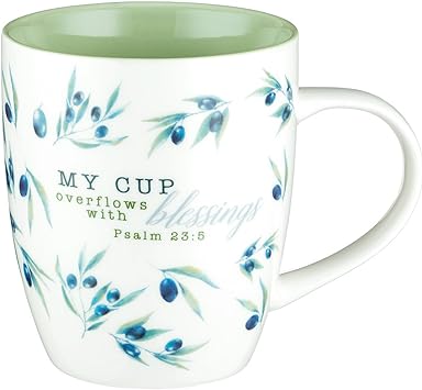 Christian Art Gifts Floral Ceramic Coffee & Tea Mug for Women: My Cup Overflows with Blessings - Ps. 23:5 Inspirational Bible Verse w/Olive Branches, Microwave/Dishwasher Safe, White/Blue/Green 13 oz.