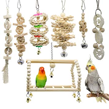 Deloky 7 Packs Bird Parrot Swing Chewing Toys- Natural Wood Hanging Bell Bird Cage Toys Suitable for Small Parakeets, Cockatiels, Conures, Finches,Budgie,Macaws, Parrots, Love Birds
