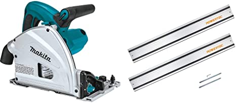 Makita SP6000J 6-1/2-Inch Plunge Circular Saw & POWERTEC 71387 55” Guide Rail Joining Set | Includes (2) Aluminum Extruded Guided Rails and (2) Guide Rail Connectors for Woodworking Projects