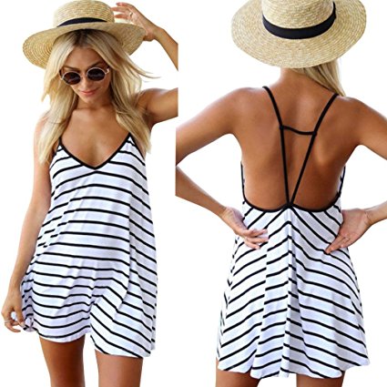 Moxeay Sexy Women Black and White Stripes Spaghetti Strap Long Tops