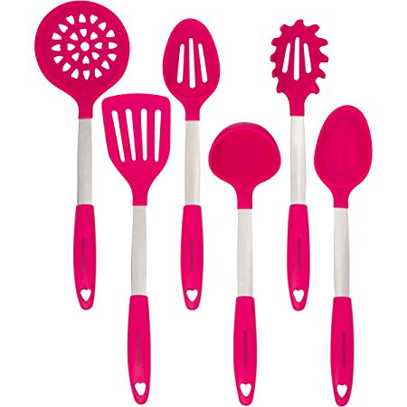 Culinary Couture Stainless Steel and Silicone Cooking Utensil Set with Ebook - Magenta