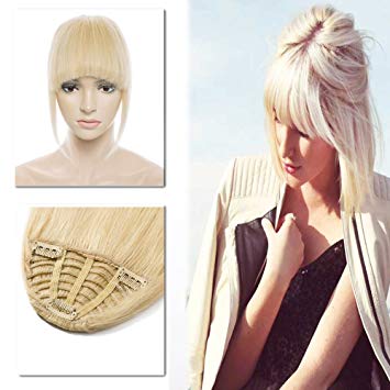 Human Hair Clip in Bangs with Temple #613 Bleach Blonde Flat Fringe One-Piece Short Straight Clip on Extensions Hair Piece Accessories for Women