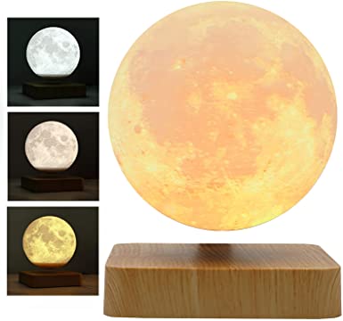 Levitating Moon Lamp, Floating and Spinning Night Light, 3D Printing LED Moon Light with Wooden Base and Magnetic Levitation Moon Light with 3 Colors Modes for Office Home Desk Decoration