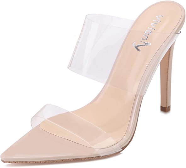 vivianly Clear Pointed Toe Heels Sandals Transparent Strap Stiletto High Heels Slip on Mules for Women