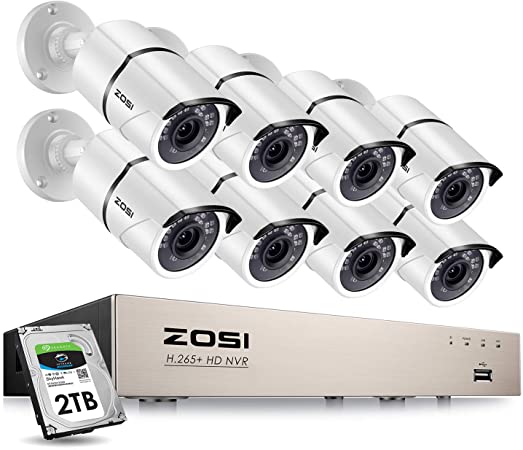 ZOSI 8CH 5MP PoE Home Security Cameras System with 2TB Hard Drive,H.265  5MP 8-Channel NVR Security System and 8pcs Wired 5MP Outdoor Weatherproof 120ft Night Vision PoE IP Cameras for 24/7 Recording