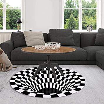 WAQIA 3D Area Rug Floor Mat Round Carpet 3D Visual Illusion Shaggy Rug for Lvining Bedroom ,Black White Plaid Round Rugs 3D Visual Vortex Optical Illusions Anti-Slip Floor Mat (120x120cm)
