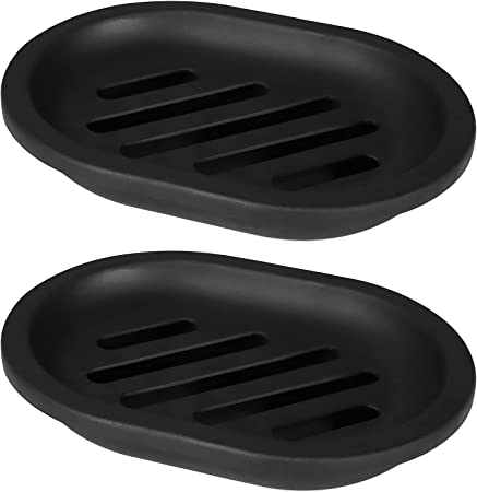 Topsky 2-Pack Soap Dish with Drain, Soap Holder, Soap Saver, Easy Cleaning, Dry, Stop Mushy Soap (Grey) (Black)