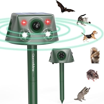 Solar Animal Deterrent, 360° Ultrasonic Animal Pest Repeller, 6 Modes Solar Powered Animal Deterrent Motion Detection Deterrent with LED Light, Waterproof Deterrent for Cat, Bird, Rabbit, Raccoon