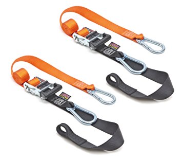 1½" x 6½ft PowerTye® Made in USA Heavy-Duty Ratchet Tie-Downs with Carabiner Hooks, Orange/Black (pair)