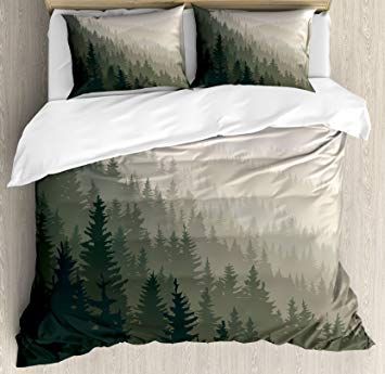 Ambesonne Forest Duvet Cover Set Queen Size, Northern Parts of The World with Coniferous Trees Scandinavian Woodland, Decorative 3 Piece Bedding Set with 2 Pillow Shams, Cream Tan Dark Green