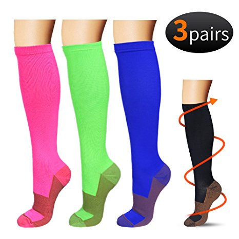 Copper Compression Socks For Men & Women(3 Pairs)-Boost Performance, Speed Up Recovery, Better Blood Circulation - For All Sports, Flight, Air Travel, Nurse, Medical Use