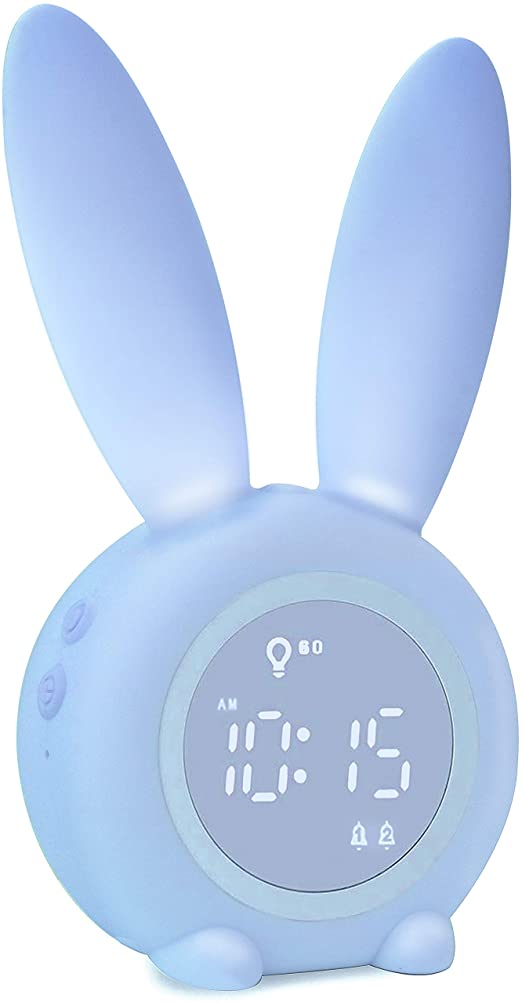 LONBUYS Kids Alarm Clock, Cute Bunny Children's Sleep Trainer Clock Rechargeable and Touch Control, Night Light Alarm Clock with 6 Groups of Ringtone, Sleep Timer and Digital Thermometer (Blue)