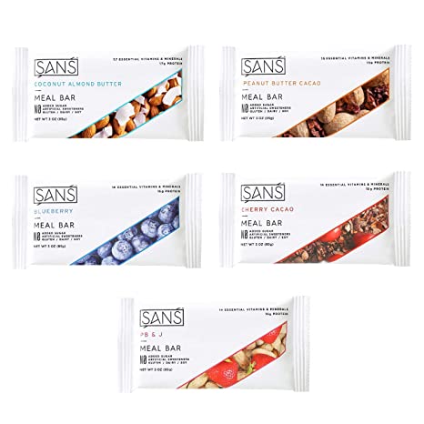 SANS Variety Meal Replacement Protein Bar | All-Natural Nutrition Bar With No Added Sugar | Dairy-Free, Soy-Free, and Gluten-Free | 16 Essential Vitamins and Minerals | (12 Pack)