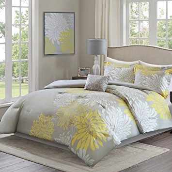 Comfort Spaces – Enya Comforter Set - 5 Piece – Yellow, Grey – Floral Printed – Full/Queen size, includes 1 Comforter, 2 Shams, 1 Decorative Pillow, 1 Bed Skirt