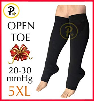 Presadee (BIG & TALL SUPER SIZE) Traditional Open Toe 20-30 mmHg Graduated Medical Compression Ankle Leg Calf Swelling Relief Support Sock (Black, 5XL)