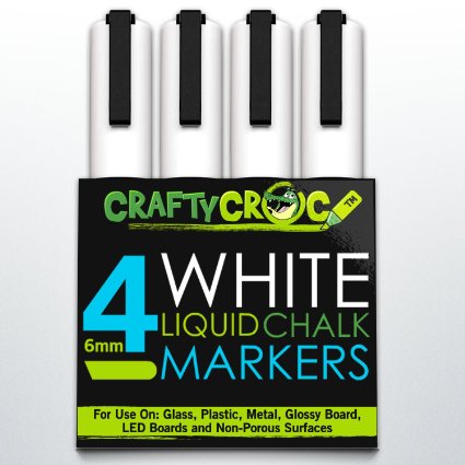 CraftyCroc 4 White Liquid Chalk Markers, 6mm Reversible Tip