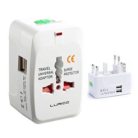 2 USB Charging Port (1A) Lurico Universal WorldWide International All in One Charger Multi-Socket Outlet Travel Adapter Adaptor Wall Power Plug Charger For USA UK EU AUS , White