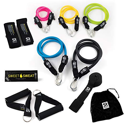 Sweet Sweat Resistance Training Bands (5, 10, 15, 20 & 25 lbs) ~ Includes Free Sweet Sweat Sample and Carrying Bag ~ 75lbs of Total Resistance!