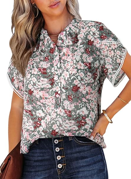 Dokotoo Womens Casual Boho Floral Print Short Sleeve Tops Half Button Down V Neck Chiffon Blouses Shirts