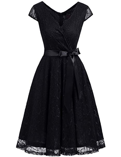 DRESSTELLS DresstellsShort V Neck Bridesmaid Ruched Dress Lace Cocktail Dresses with Belt