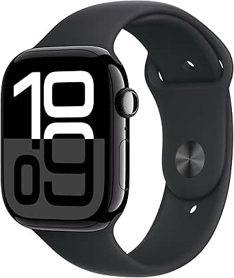 Apple Watch Series 10 [GPS 46mm] with Jet Black Aluminium Case with Black Sport Band - M/L. Fitness Tracker, ECG App, Always-On Retina Display, Water Resistant